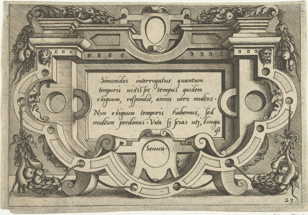 La cita está en un marco de volutas con guirnaldas y mascarons, Cartouche con una cita de Séneca, impresión de folletos: anónimo, Benedetto Battini, editor: Hieronymus Cock, c. 1553