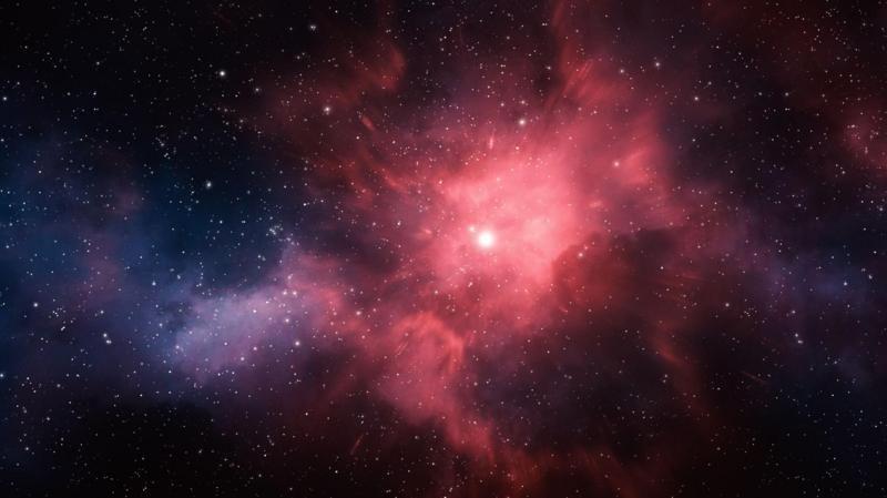 Una foto de una galaxia en medio de polvo rojo