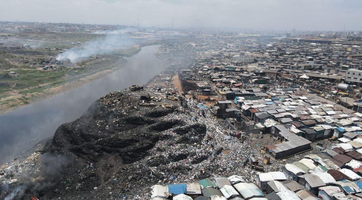 Drone shot of the Agbobloshie dump.