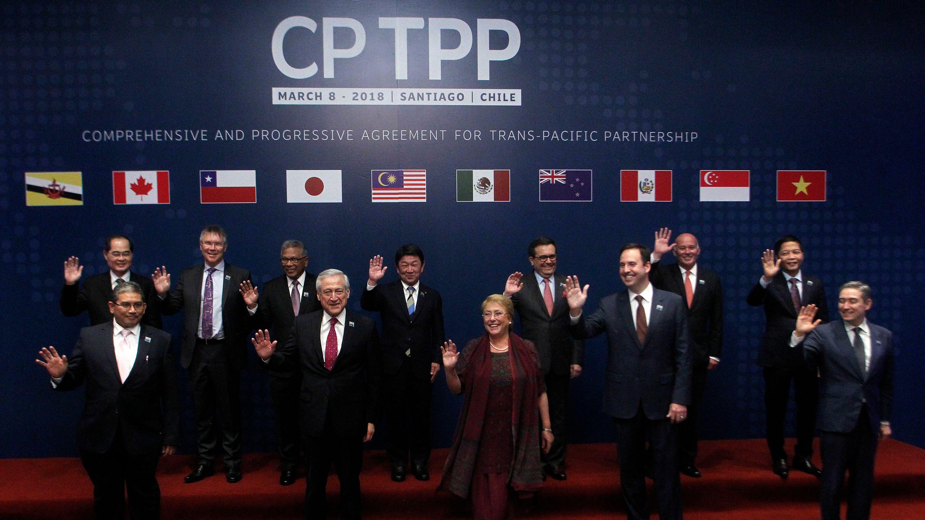 CPTPP 成員國代表官員在智利聖地牙哥會議上合照（8/3/2018）