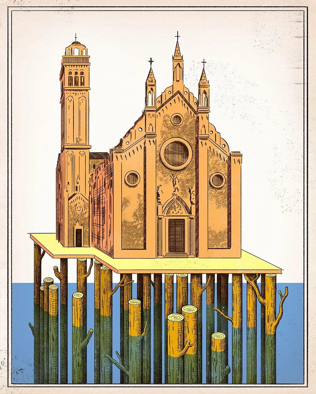 Ilustração de uma igreja sobre uma espécie de palafita na água sustentada por imensos galhos.