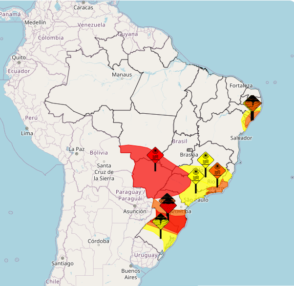 Gráfico do Inmet mostra onda de calor na região central e os riscos de chuva na região Sul