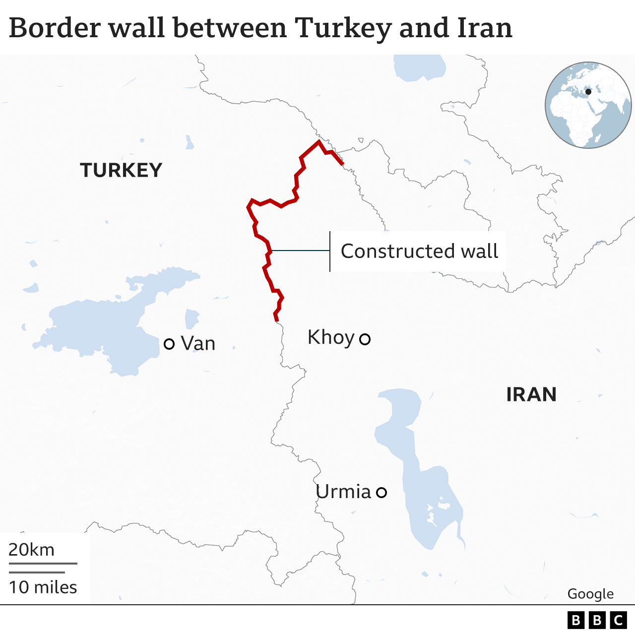 Map showing the location of a border wall on the Iran-Turkey border