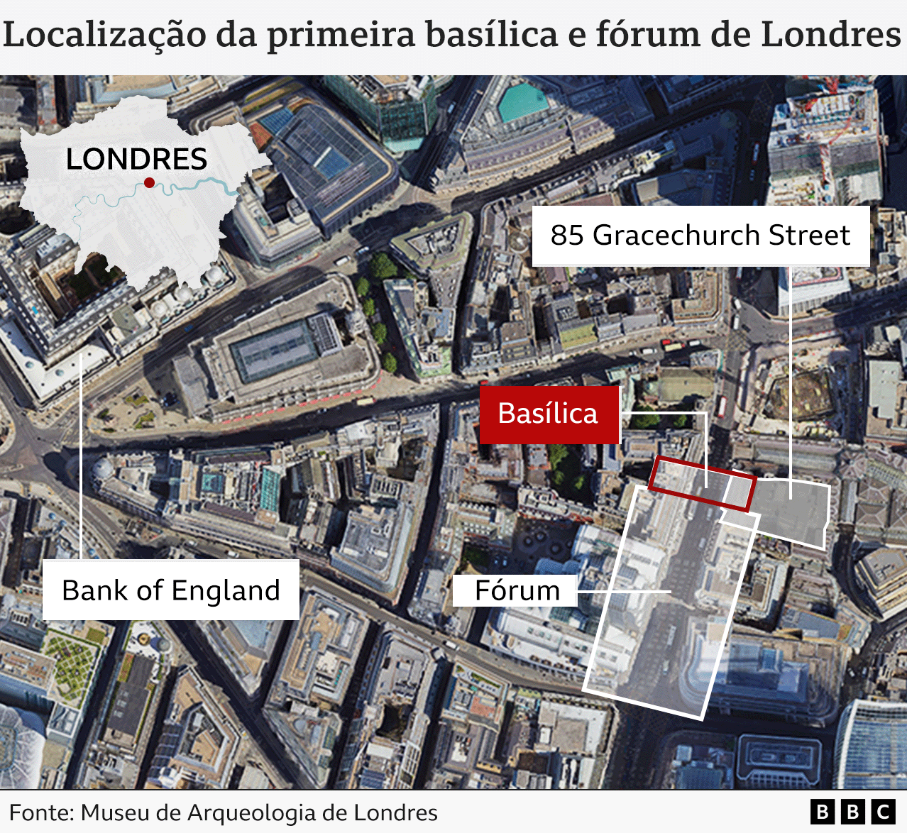 Mapa mostrando a localização do primeiro fórum e basílica romanos de Londres