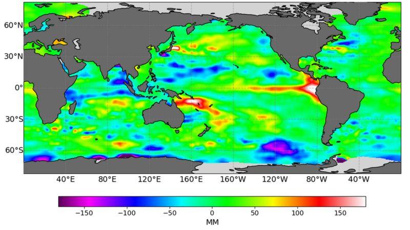 Um mapa-múndi mostrando o estado das ondas kelvin em 8 de maio