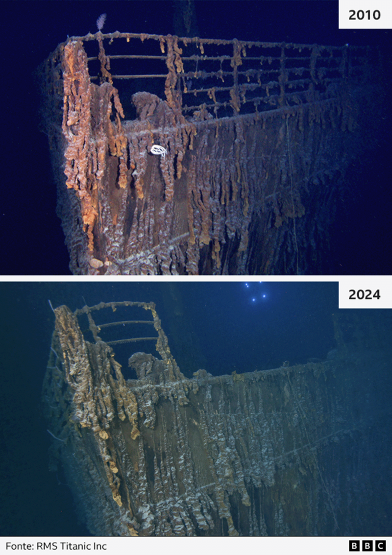 Duas imagens comparam a situação do Titanic em 2010 e 2024, e mostra grade do navio corroída