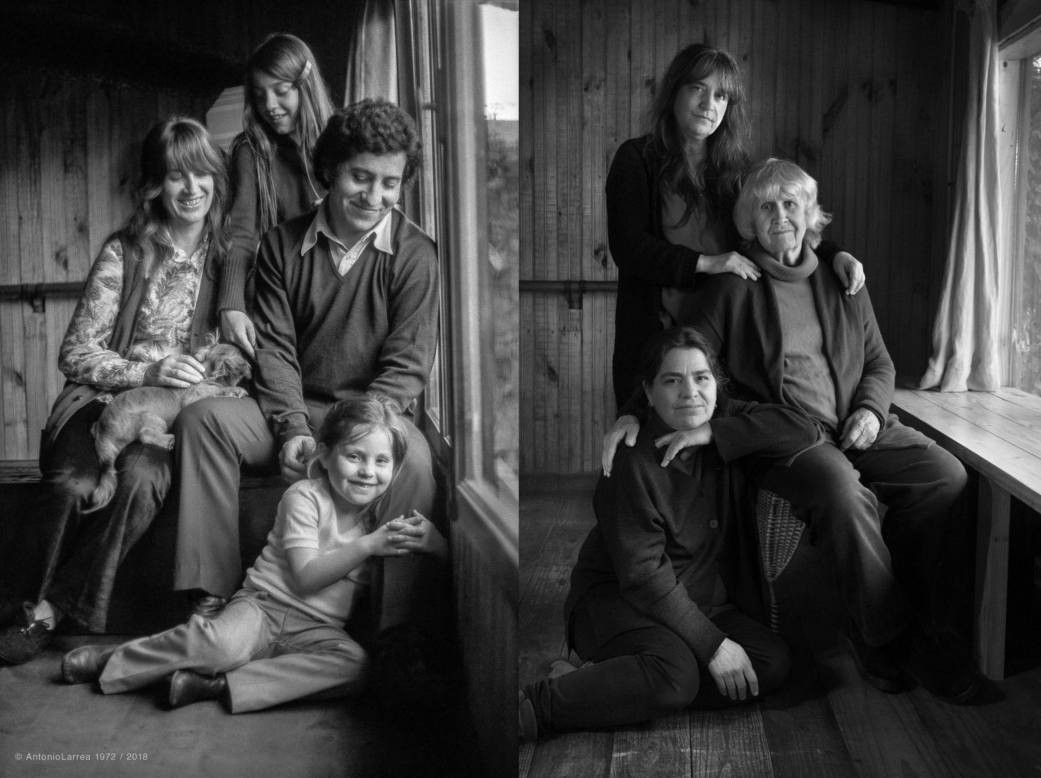 Una imagen a la izquierda de Joan y Víctor Jara con sus hijas Manuela y Amanda en 1972 y otra imagen a la derecha de la familia sin Víctor en 2018.
