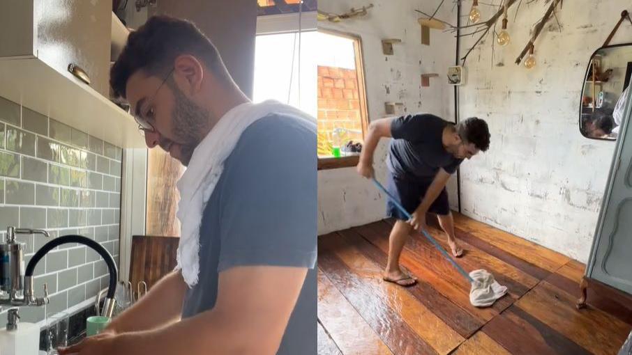 Ramon lavando louça e limpando o chão de casa em trechos de vídeo