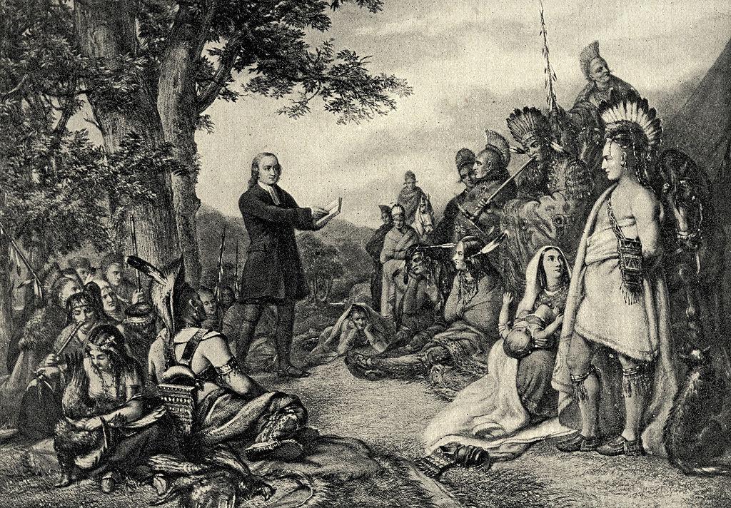 John Wesley pregando para indígenas durante visita à Geórgia, ilustração do livro 