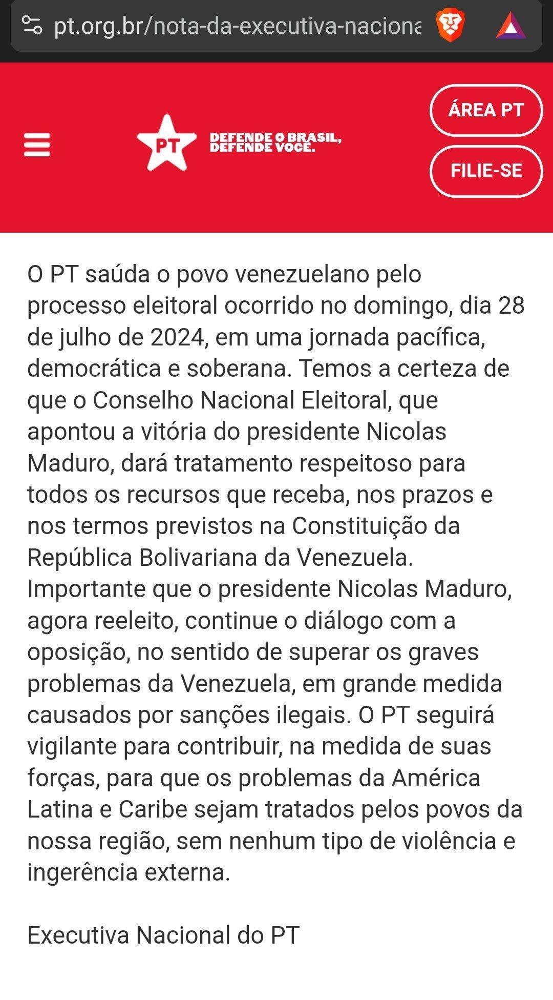 Captura de tela da nota da Executiva Nacional do PT sobre eleições na Venezuela