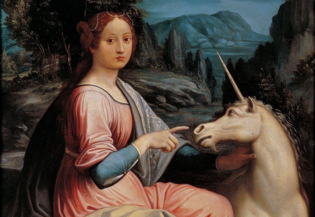 Pintura de una mujer señalando a un unicornio que la mira