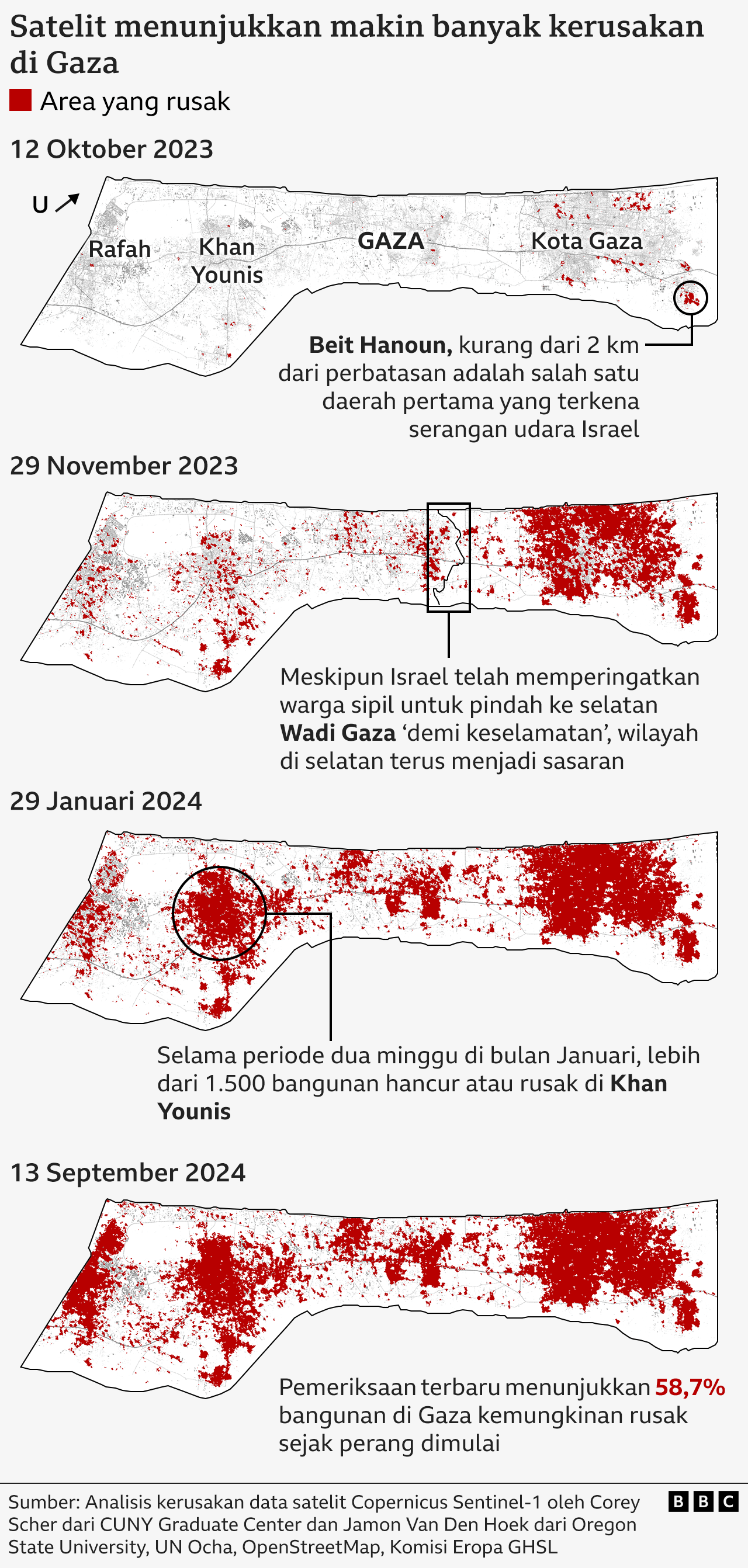 Serangkaian citra satelit menunjukkan meningkatnya kerusakan di Gaza.