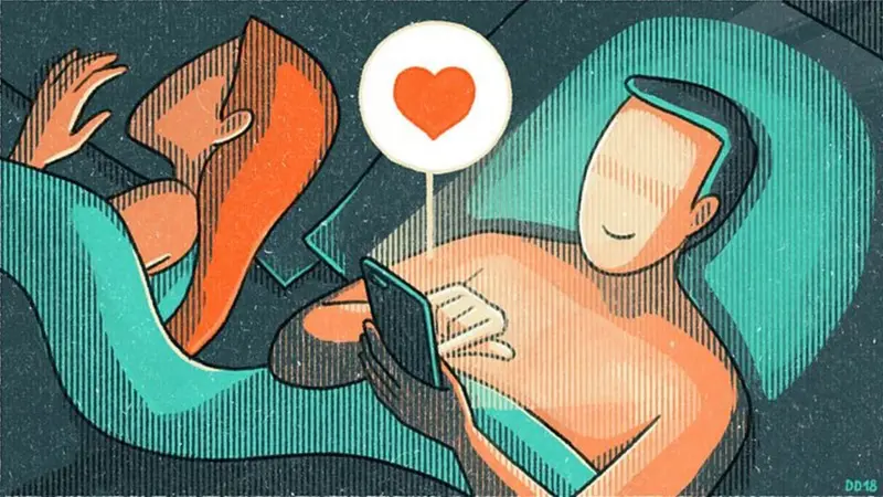 Ilustração mostra um homem curtindo uma postagem em seu celular enquanto uma mulher dorme ao lado dele em uma cama em um ambiente escuro