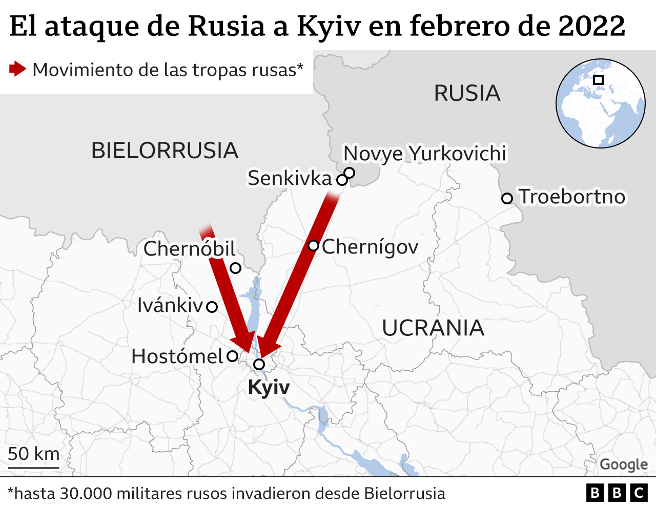 Gráfico que muestra como las tropas rusas salieron desde Bielorrusia a invadir Ucrania en febrero de 2022