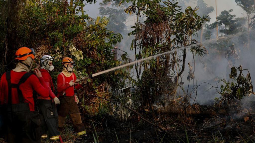 Homens combatendo incêndio no Amazonas