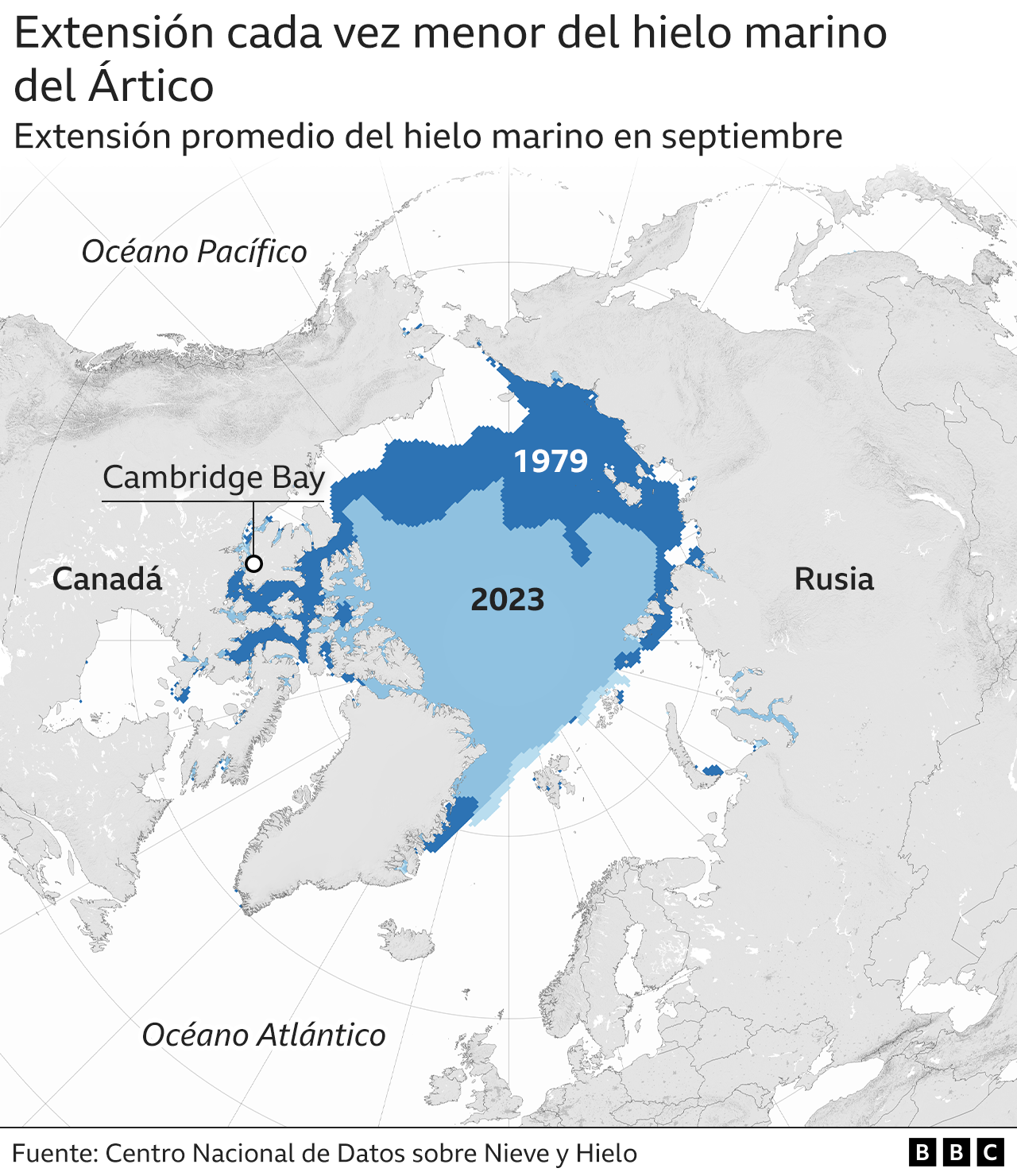 Mapa que muestra la extensión cada vez menor del hielo marino del Ártico
