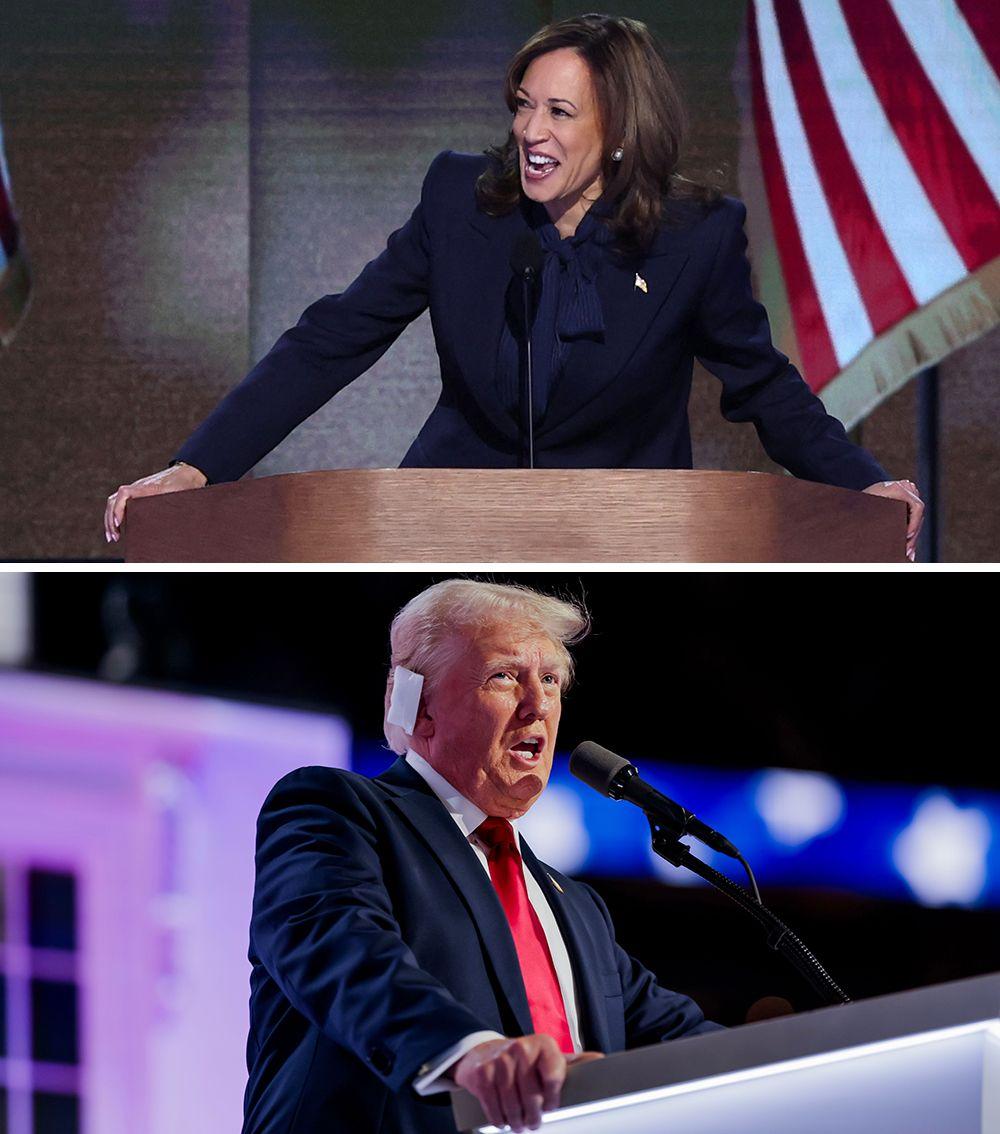 A imagem composta mostra Kamala Harris discursando na Convenção Nacional Democrata em Chicago, Illinois, em 2024 (acima), e Donald Trump discursando na Convenção Nacional Republicana (RNC) em Milwaukee, Wisconsin, no mesmo ano (abaixo).