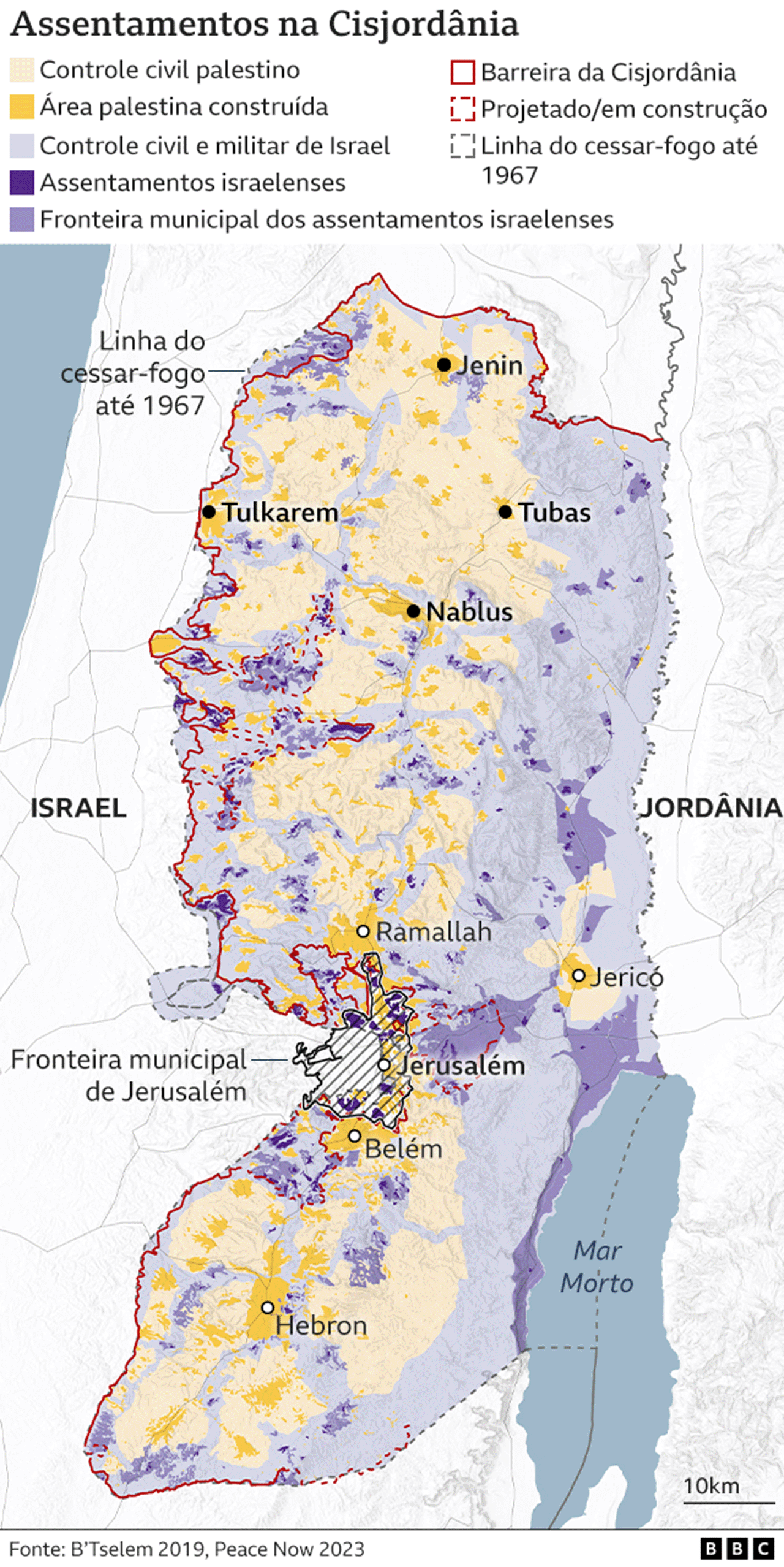 Mapa da Cisjordânia ocupada