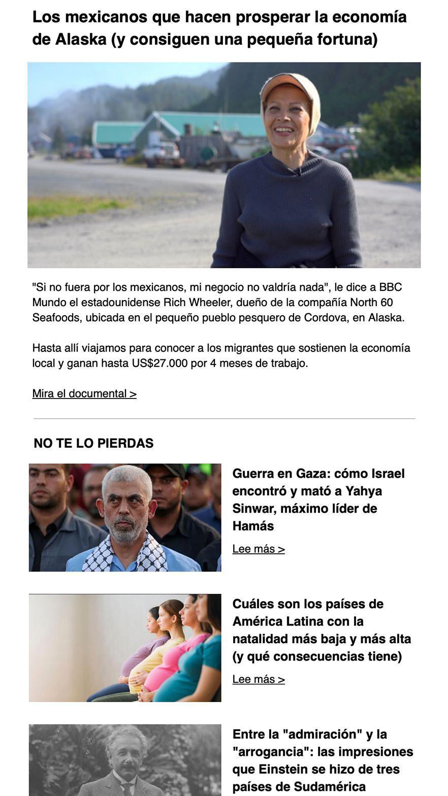 Captura de pantalla del inicio del newsletter de BBC News Mundo