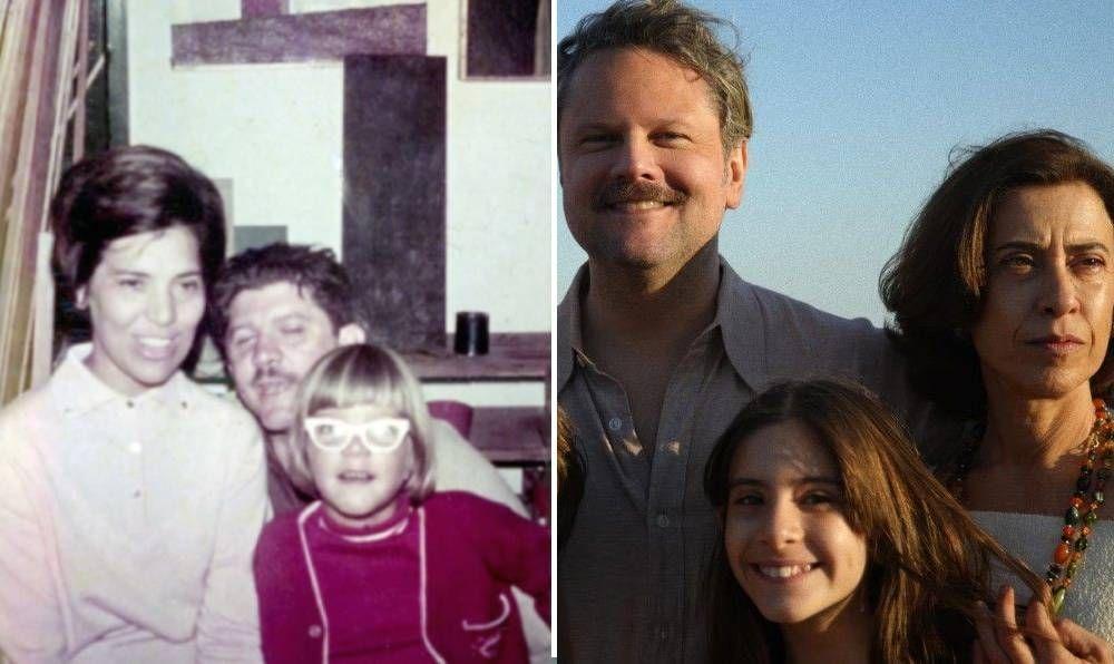 Montaje fotográfico familiar con una pareja y su hija junto a un fotograma de una película con actores blancos interpretando a la misma familia.