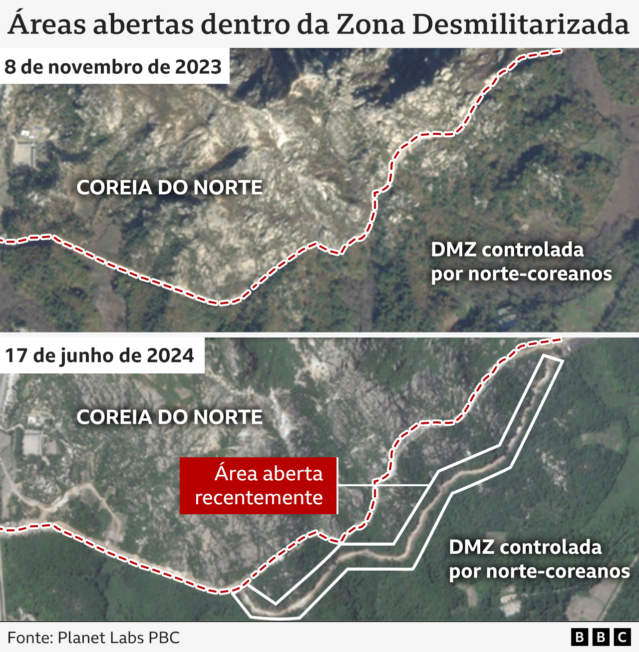 Duas imagens de satélite mostrando as áreas abertas perto da fronteira com a Coreia do Norte