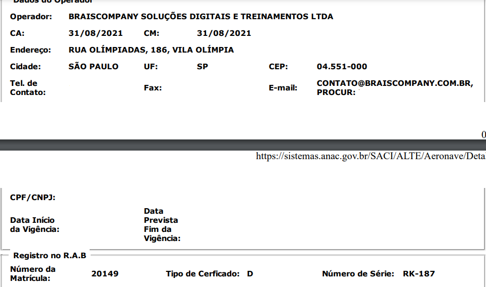 Dados que mostram propriedade de jatinho em nome da Braiscompany cuja venda foi concretizada nos últimas diasDados que mostram propriedade de jatinho em nome da Braiscompany cuja venda foi concretizada nos últimas dias