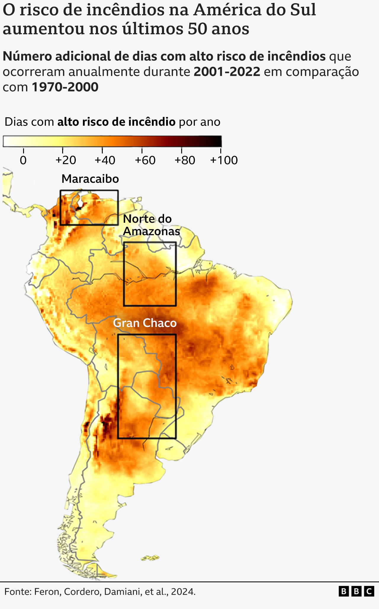 Mapa da América do Sul mostrando que o número de dias com alto risco de incêndios aumentou drasticamente em algumas regiões desde a década de 1970
