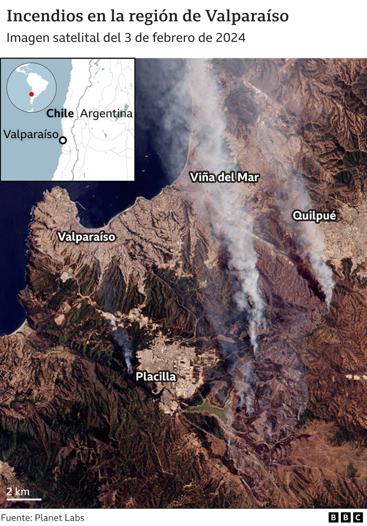 Una imagen satelital muestra las nubes de humo resultando de los incendios en la región de Valparaíso, Chile, en febrero de 2024. 