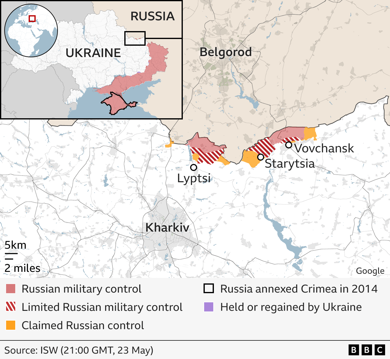 5월 23일 기준 하르키우에서 러시아군이 통제하는 지역(붉은색), 제한적으로 통제하는 지역(빗금 친 지역), 러시아가 통제한다고 주장하는 지역(노란색)을 표시한 지도 