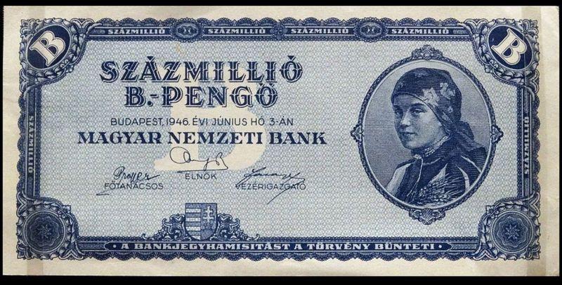 Cédula de cem trilhões de peng?s, emitida na Hungria em 1946, a maior já emitida
