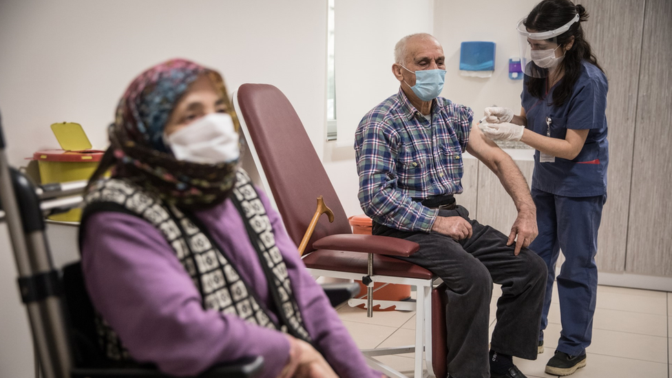 Um idoso turco de máscara tomando a vacina da Sinovac em um hospital em Istambul em 2021