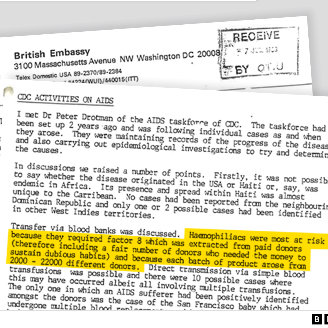 Extracto de la carta de un funcionario de la embajada de Reino Unido que describe su conversación con un representante del grupo de trabajo sobre el sida de los Centros para el Control de Enfermedades de EE.UU.