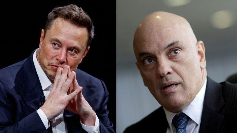 Montagem com fotos de Musk e Moraes, dois homens brancos de terno 