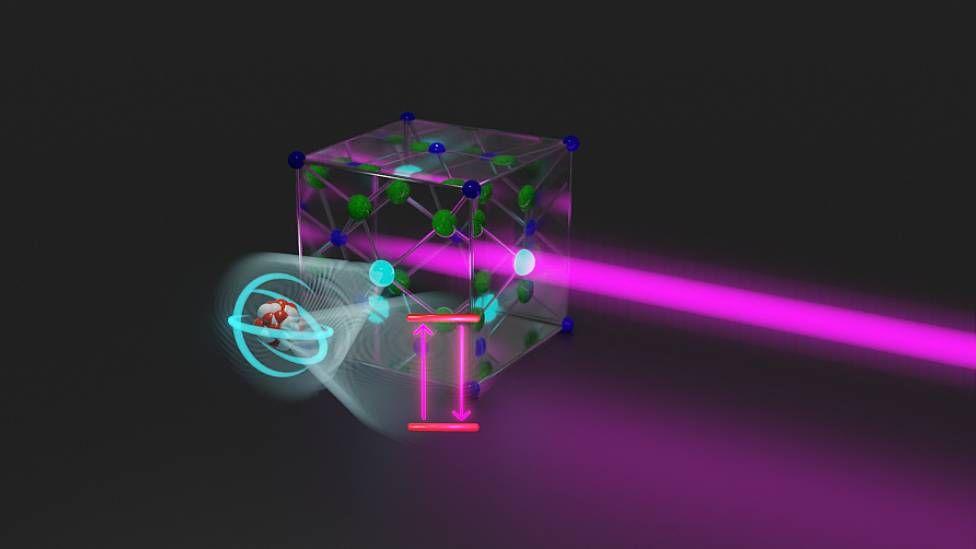 Ilustração artística de um laser excitando o núcleo de um átomo em um cristal