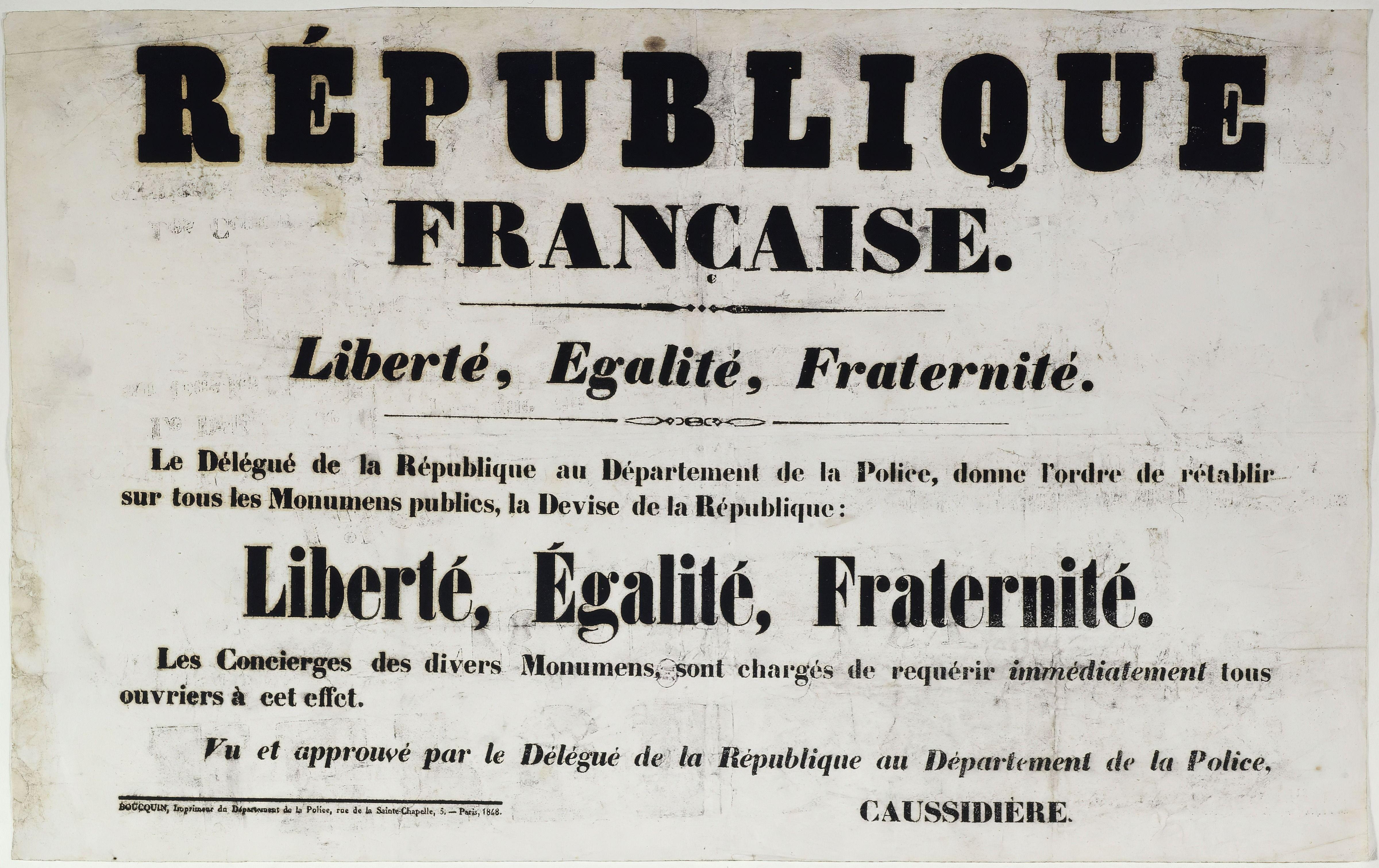Orden francesa de 1848 para restablecer en monumentos públicos el lema "Libertad, Igualdad, Fraternidad". 