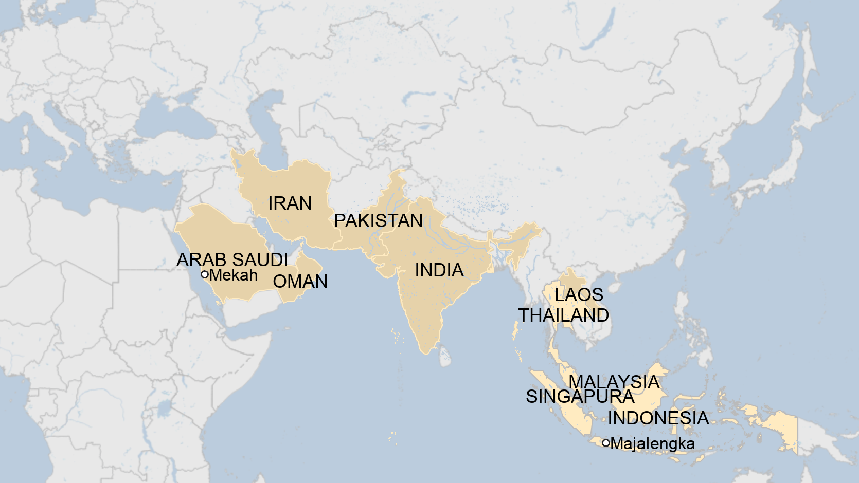 Peta perjalanan Ari Yami dari Majalengka menuju Mekkah. Ia sudah melewati Indonesia, Malaysia, Singapura dan Thailand. Negara-negara berwarna cokelat merupakan tujuan berikutnya.