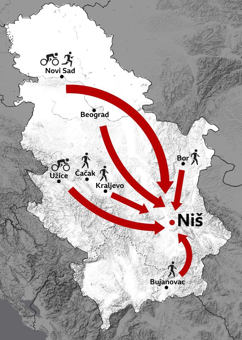 mapa do niša, studenti, studentsko pešačenje do niša