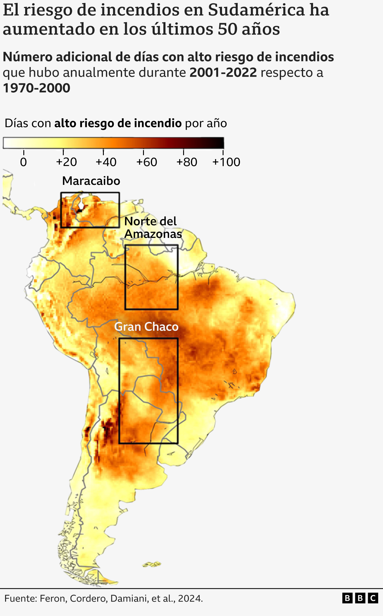 Mapa de Sudamérica mostrando que el número de días con alto riesgo de incendios ha aumentado drásticamente en algunas regiones desde la década de los años 70s. 