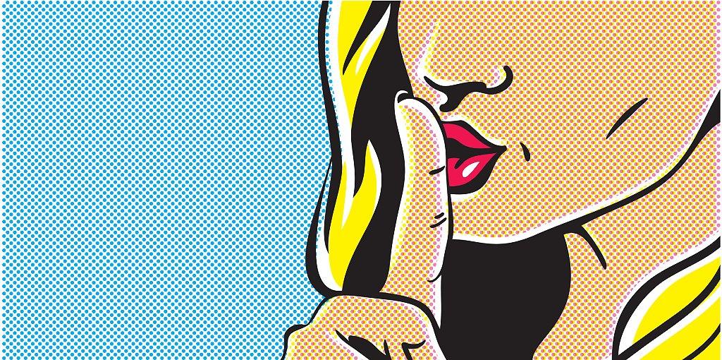Imagem em estilo quadrinhos mostra mulher com dedo em frente à boca, como se pedisse segrego