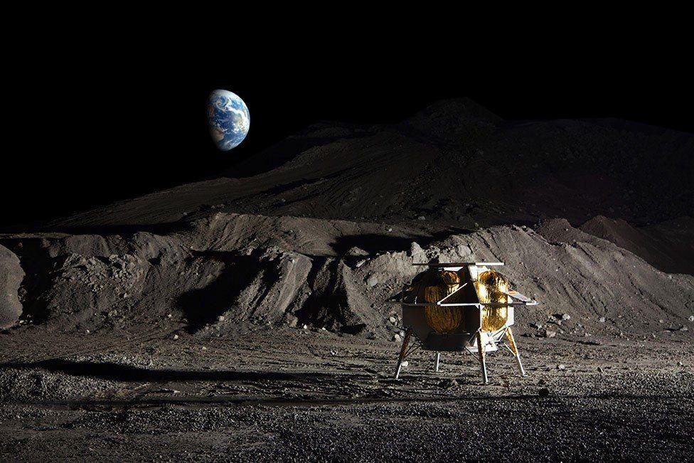 Una ilustración del módulo Peregrine posado en la Luna con la Tierra en el fondo