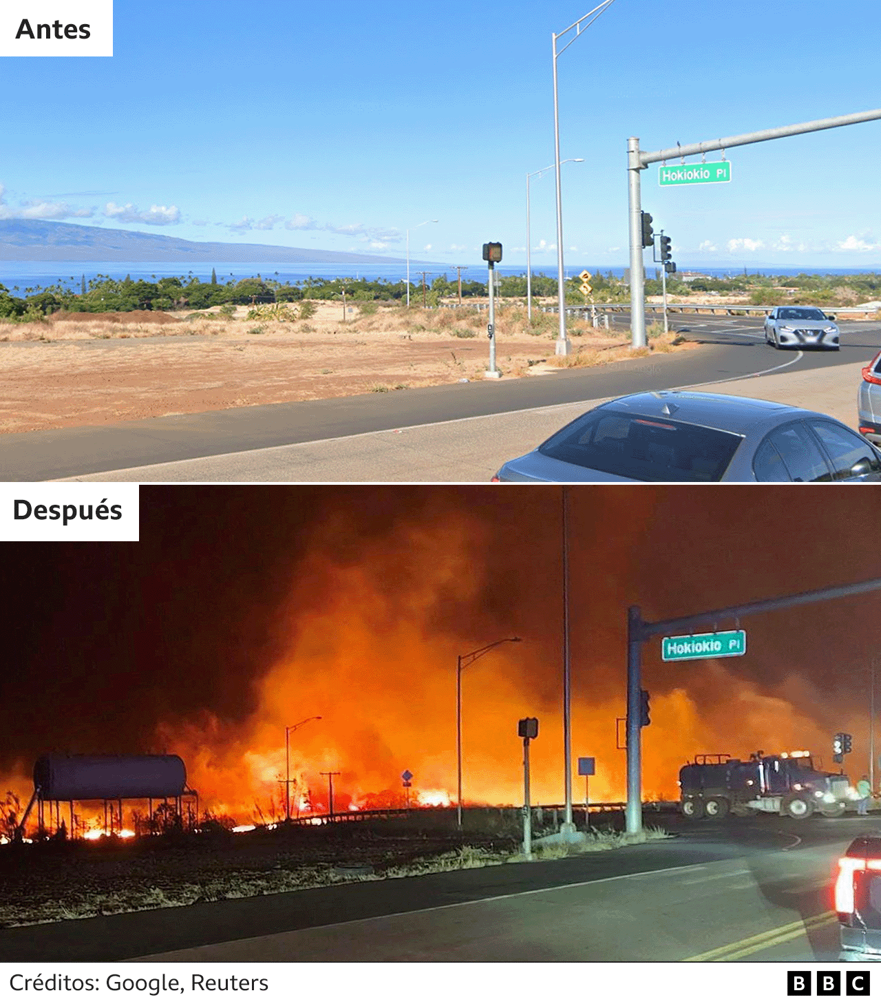 Antes y después de los incendios en una calle en Lahaina