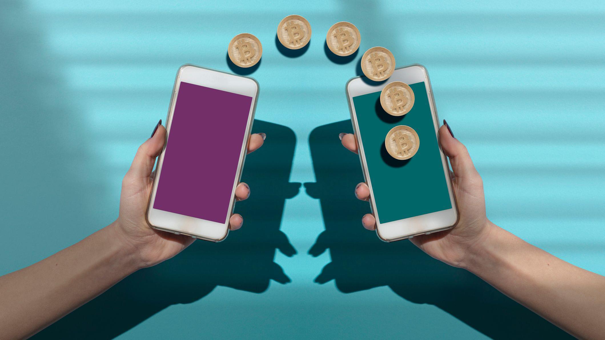 Ilustração de dois celulares trocando moedas digitais
