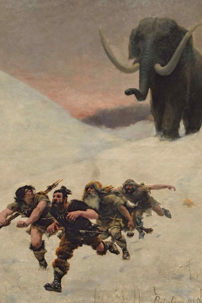 Painting of a group of caveman running away from a mammoth