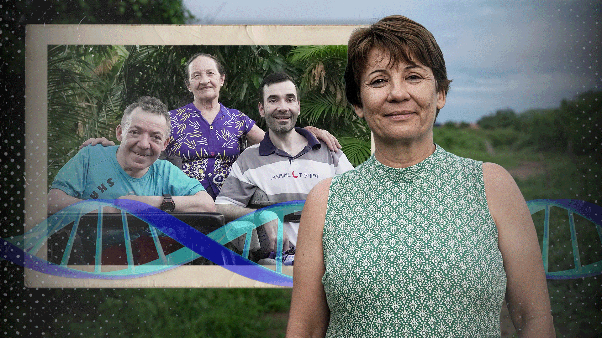 Montagem de uma família com mãe e dois homens em cadeiras de rodas ao fundo e a pesquisadora Silvana Santos na frente.