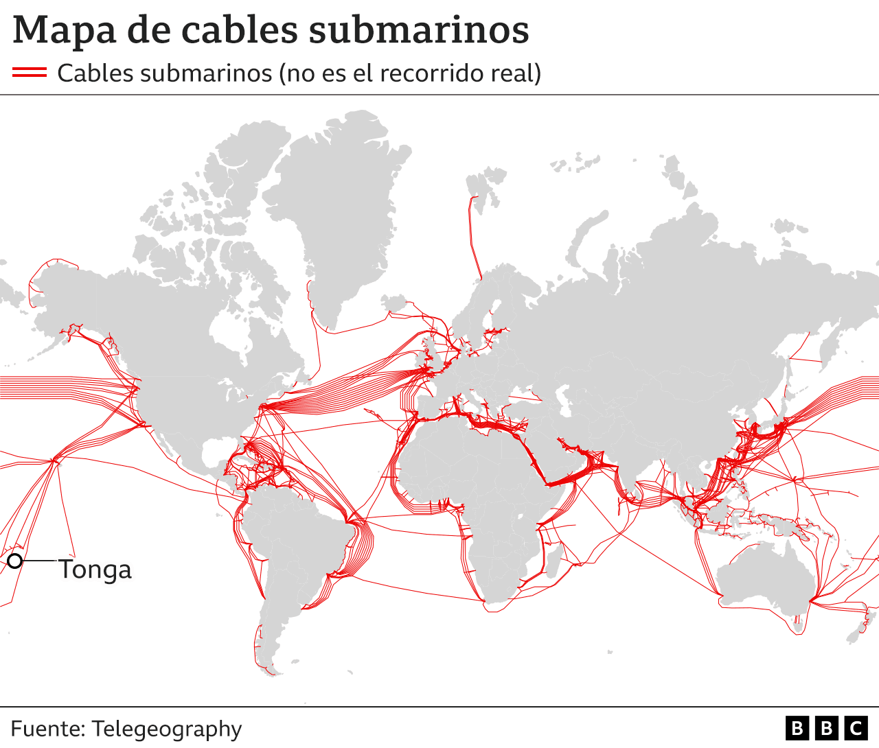 Mapa con los cables submarinos del mundo