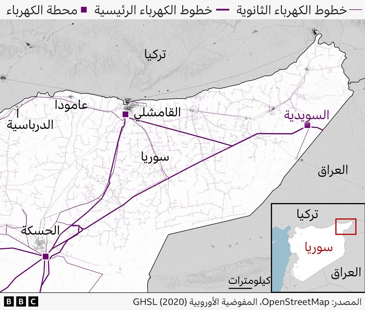 خارطة محطة الكهرباء والخطوط الرئيسية والثانوية