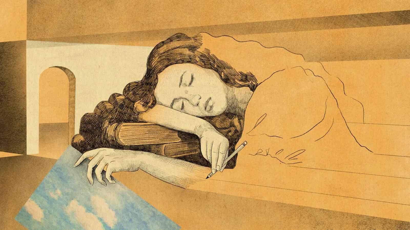 Ilustração representando sonho. Uma mulher é retratada se desenhando, deitada em um travesseiro de livros,enquanto segura uma folha com o desenho do céu