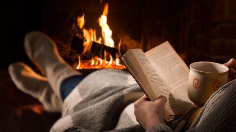 Pessoa lendo livro em frente ao fogo