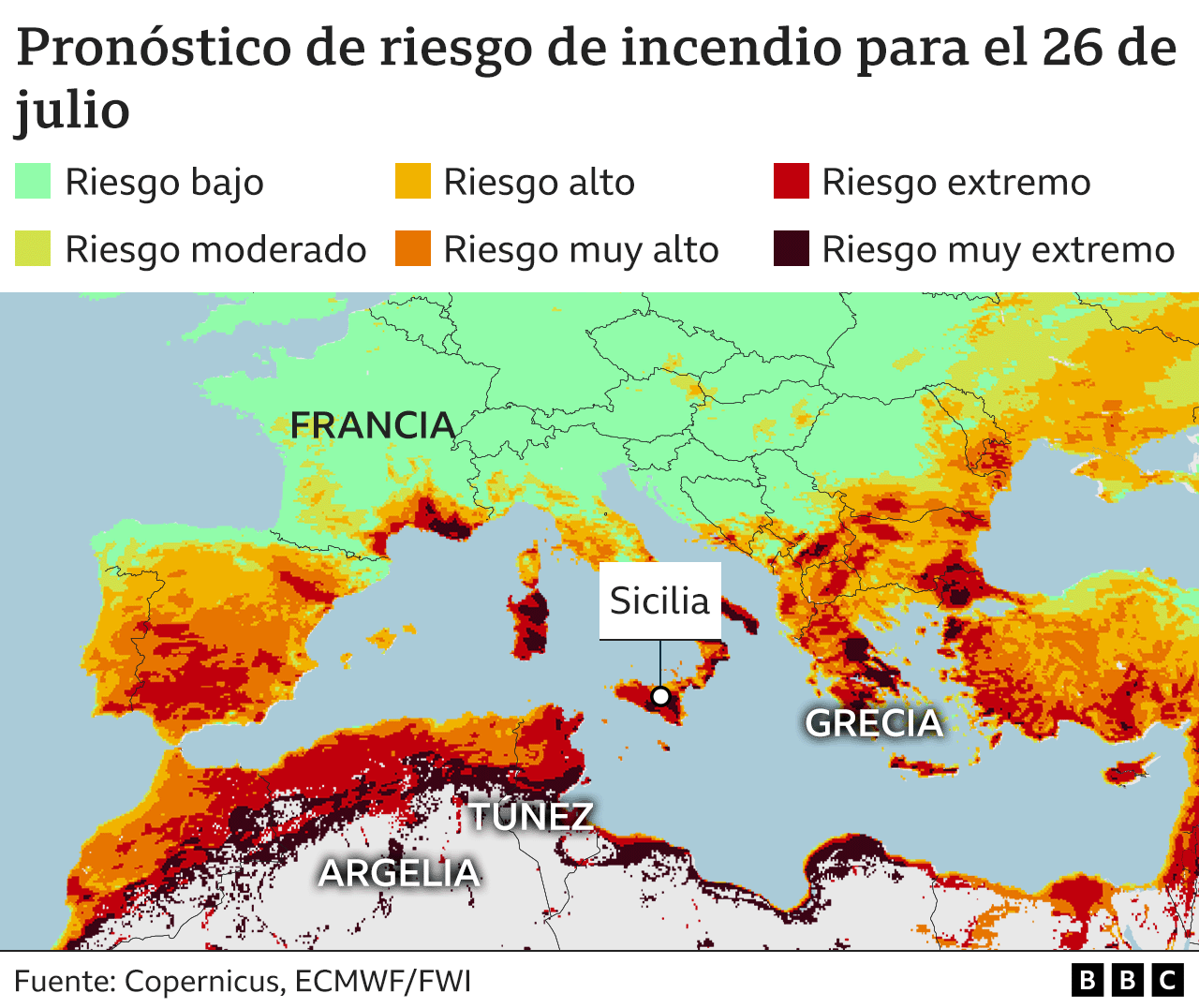 Mapa de riesgo de incendio en el Mediterráneo para el 26 de julio 2023