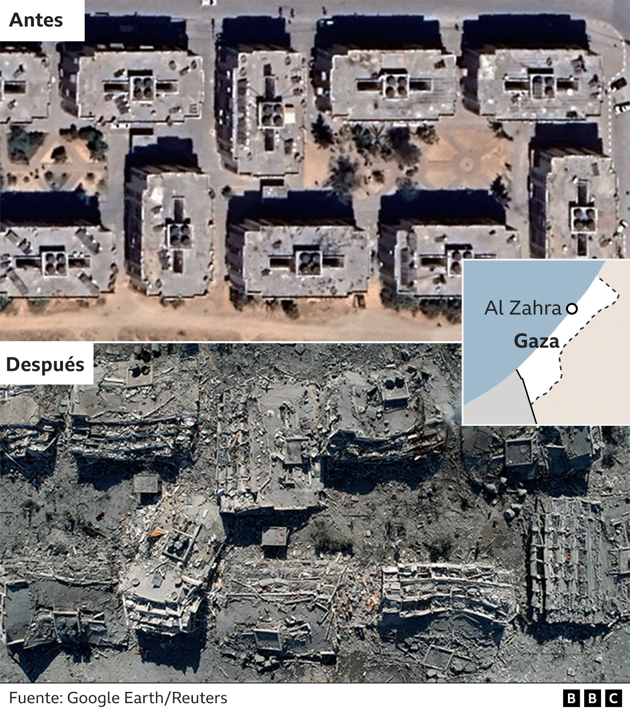Imagen satelital de los edificios destruidos en Gaza antes y después